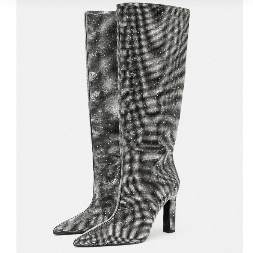 Zara NWT ✨ silver rhinestone Jeweled, sparkly bedazzled knee high heeled boots - Picture 5 of 6